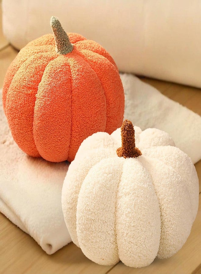 ELETON Fall Decor, Fall Pumpkin Throw Pillows for Couch, Pumpkin Plush Pillows for Halloween Home Living Room Decorations, 11.8"x6", Orange+White, Set of 2 - Image 1