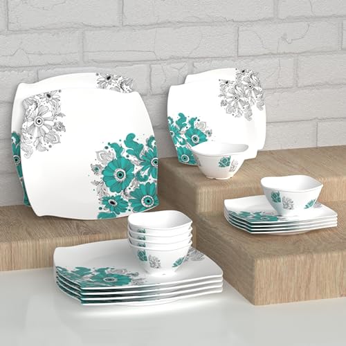 Castleite Marvella 18 Pieces Melamine Dinner Set - Elegant, Break & Stain Resistant, Designer Crockery Dinnerware in Exclusive Edgy Square Shape for Your own Home Kitchen or Gifting (Teal Blue) - Image 1