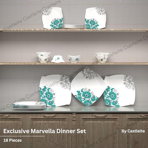 Castleite Marvella 18 Pieces Melamine Dinner Set - Elegant, Break & Stain Resistant, Designer Crockery Dinnerware in Exclusive Edgy Square Shape for Your own Home Kitchen or Gifting (Teal Blue) - Image 2