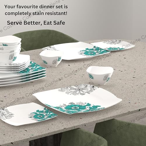 Castleite Marvella 18 Pieces Melamine Dinner Set - Elegant, Break & Stain Resistant, Designer Crockery Dinnerware in Exclusive Edgy Square Shape for Your own Home Kitchen or Gifting (Teal Blue) - Image 4