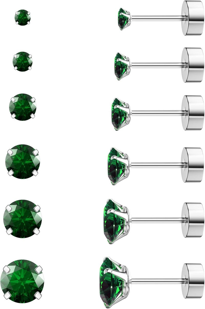 WSSXC 6 Pairs Hypoallergenic Cubic Zirconia Earrings Surgical Steel Flat Back Studs for Cartilage, Screw Back Fashion Jewelry - Image 1
