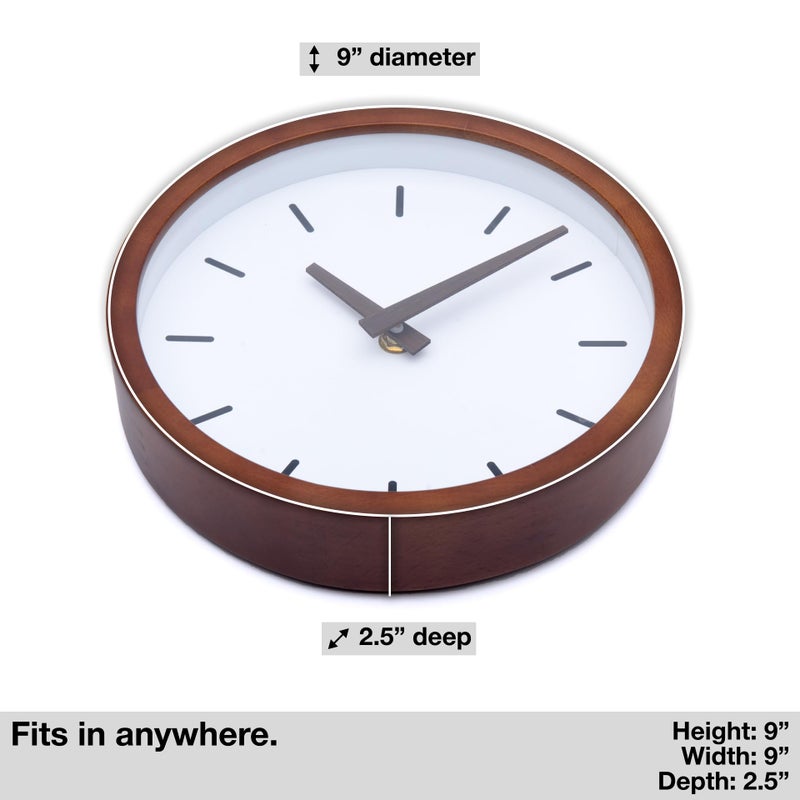 Driini Modern Mid Century Wood Analog Wall Clock (9") - Battery Operated with Silent Sweep Movement - Small Decorative Wooden Clocks for Bedrooms, Bathroom, Kitchen, Living Room, or Officeâ€¦ - Image 3