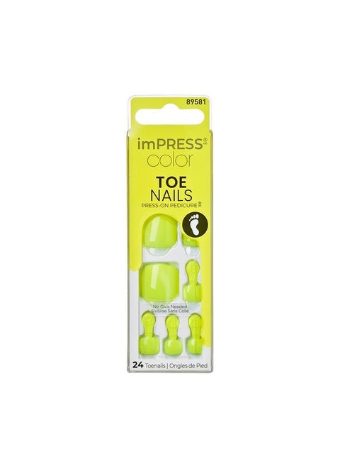Impress Color No Glue Pedi Press-On Toenails, Light Lime, Neon Color, Squoval Shape, Includes 24 Nails, Prep Pad, 1 Manicure Stick, 1 Mini File
