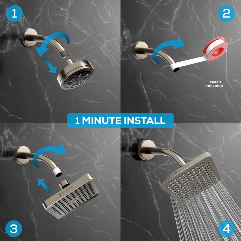 SparkPod Shower Head - High Pressure Rain - Premium Quality Luxury Design - Easy Clean Adjustable Replacement for Your Bathroom Shower Heads (Elegant Brushed Nickel, 8 Inch Square) - Image 4