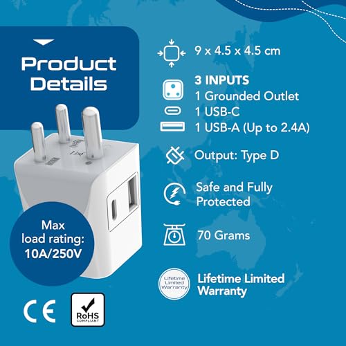 Ceptics 3 in 1 Travel Adapter with USB C, Type D Multiple Plug Socket for Laptops, Phones - White - 1 Pack - Image 4