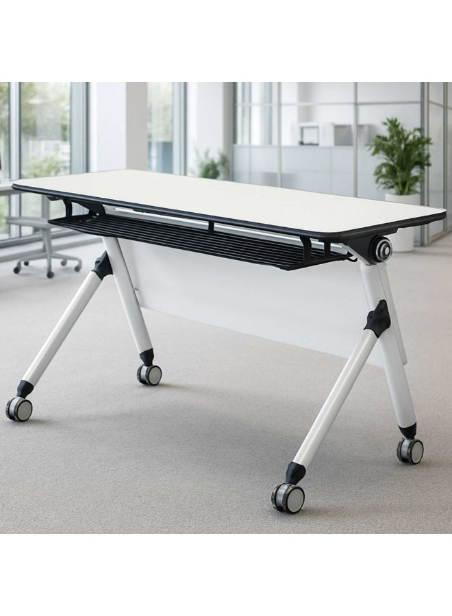 FURALUX Foldable Mobile Training Table 120x50cm with Wheels | Nesting & Stackable Office Desk | Flip Top Meeting Table with Cable Tray & Modesty Panel | Conference & Classroom Use - Image 4
