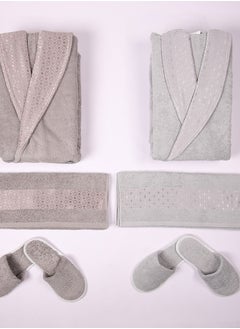 Melen Bulgarian Cotton Bathrobe Set 8 Pieces - Garden -gray-misty blue  - Image 3