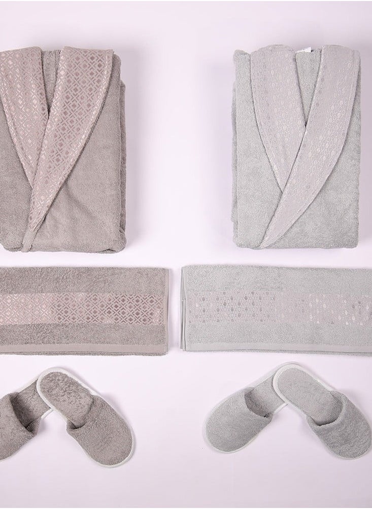 Melen - Bulgarian Cotton Bathrobe Set 8 Pieces - Garden -gray-misty blue - Image 1