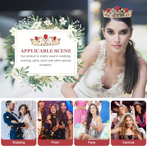 Frcolor Red Crystal Crown,Baroque Crown Bridal Wedding Rhinestone Tiara Hair Accessories for Women Girls - Image 3