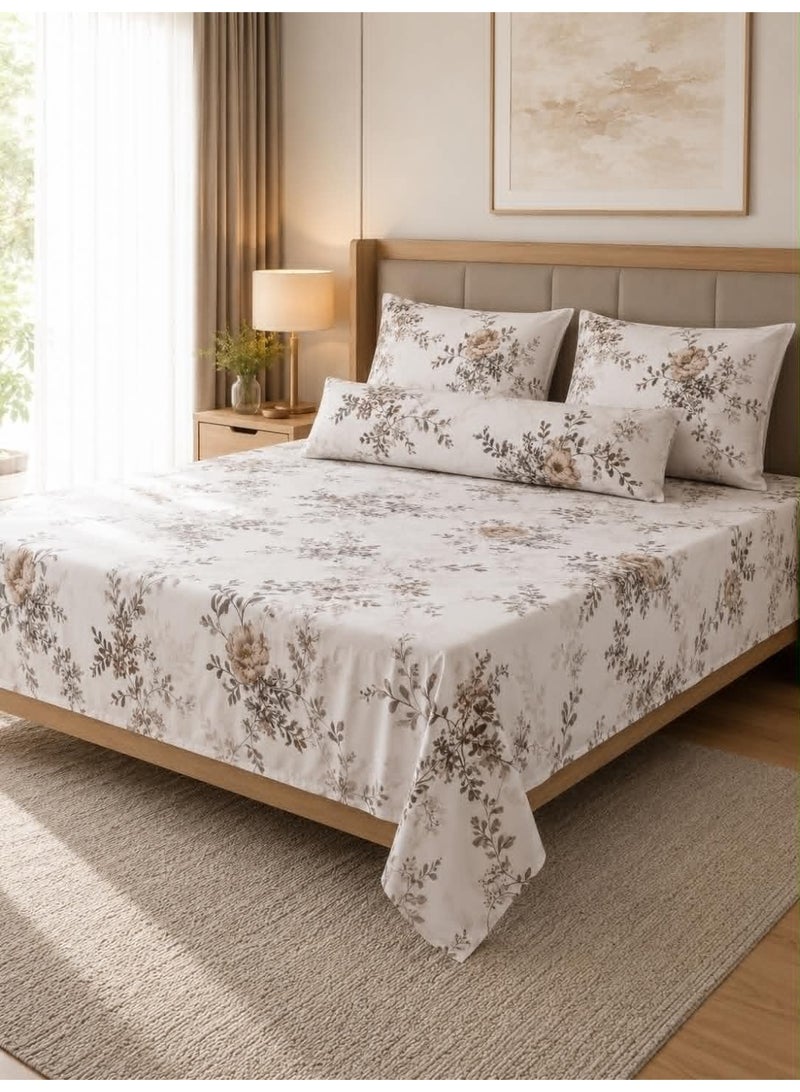 King size printed bed set consisting of 4 pieces including 1 flat sheet (2.10m * 2.35m) + 2 pillowcases (50 * 70cm) + 1 pillow shams (150 * 45cm) made of cotton, (King size 235 * 210cm)