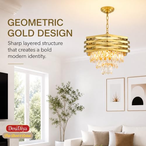 Desidiya Led Modern Crystal 400mm Golden Finish 7 Metal Square Layered 3 Tier Chandelier | Decorative Hanging False Ceiling Led Light for Living Room Ceiling Light Decorative for Drawing Room - Image 3