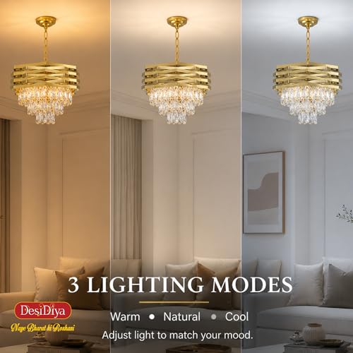 Desidiya Led Modern Crystal 400mm Golden Finish 7 Metal Square Layered 3 Tier Chandelier | Decorative Hanging False Ceiling Led Light for Living Room Ceiling Light Decorative for Drawing Room - Image 5