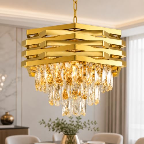Desidiya Led Modern Crystal 400mm Golden Finish 7 Metal Square Layered 3 Tier Chandelier | Decorative Hanging False Ceiling Led Light for Living Room Ceiling Light Decorative for Drawing Room - Image 1