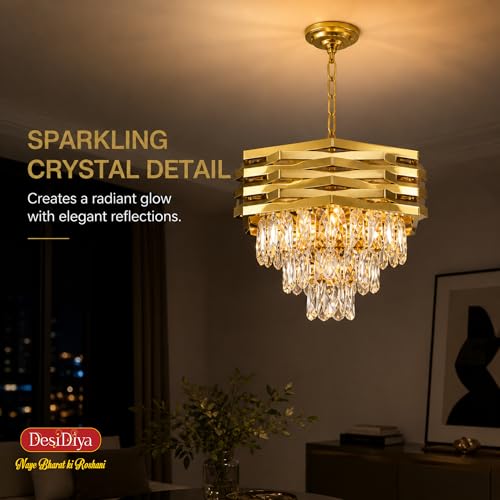 Desidiya Led Modern Crystal 400mm Golden Finish 7 Metal Square Layered 3 Tier Chandelier | Decorative Hanging False Ceiling Led Light for Living Room Ceiling Light Decorative for Drawing Room - Image 4