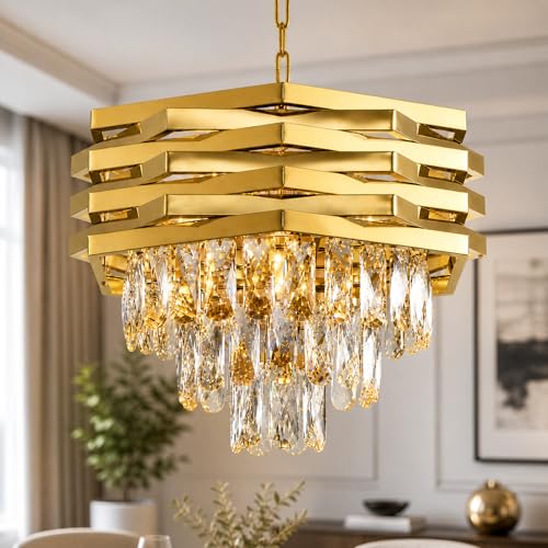 Desidiya Led Modern Crystal 400mm Golden Finish 7 Metal Square Layered 3 Tier Chandelier | Decorative Hanging False Ceiling Led Light for Living Room Ceiling Light Decorative for Drawing Room - Image 2