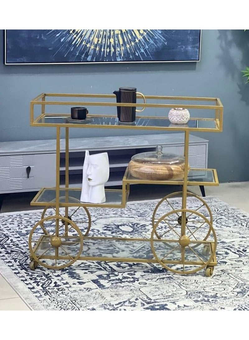 LINGWEI Metal Serving Cart Gold with Lockable Wheels for Hotels, Home Utility Tea Trolley Pre-Assembled Cart with Glass Shelves - Image 4
