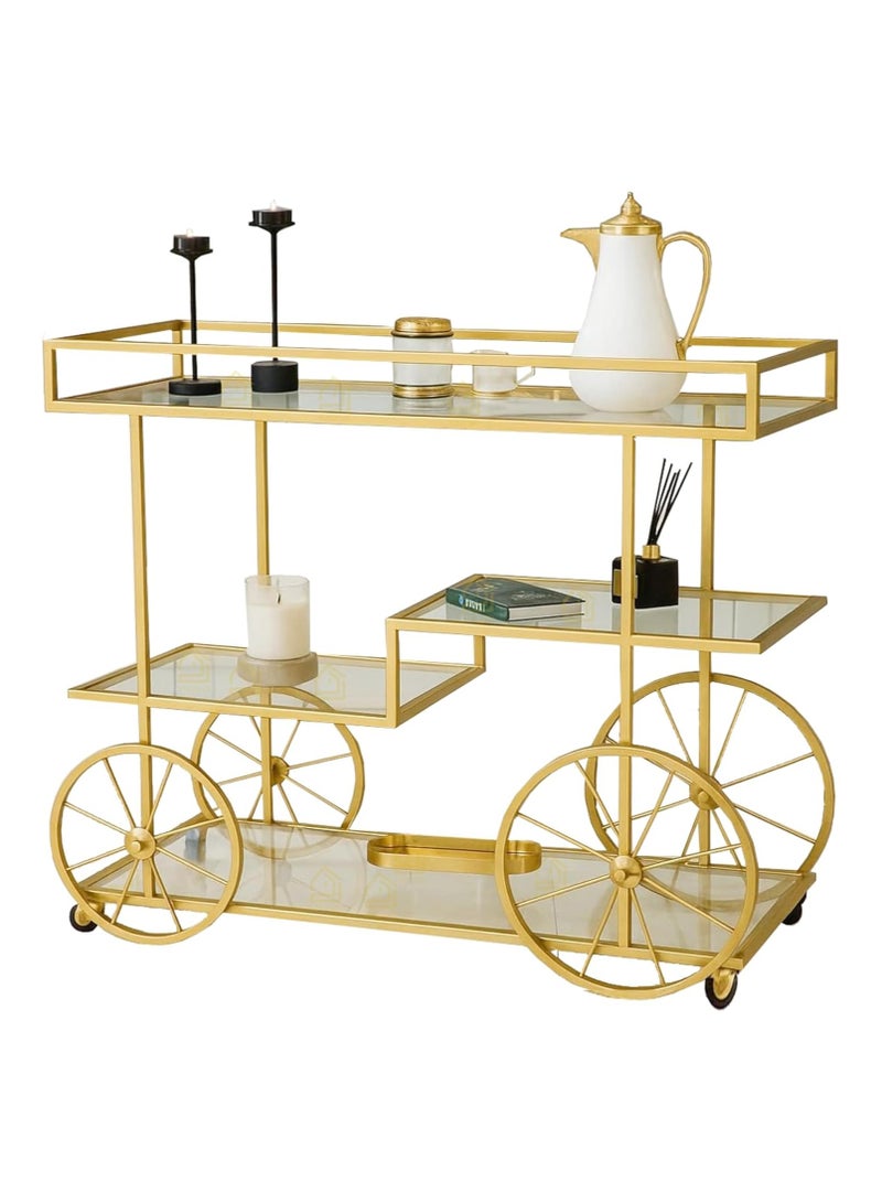 LINGWEI Metal Serving Cart Gold with Lockable Wheels for Hotels, Home Utility Tea Trolley Pre-Assembled Cart with Glass Shelves - Image 1