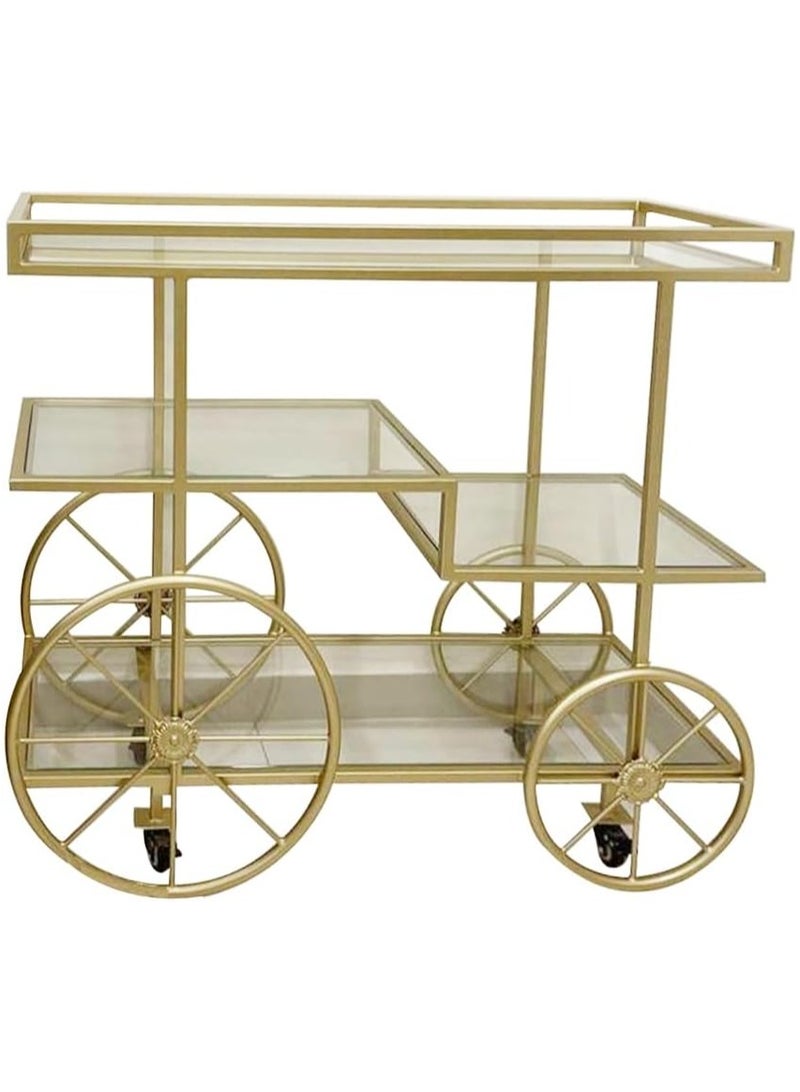 LINGWEI Metal Serving Cart Gold with Lockable Wheels for Hotels, Home Utility Tea Trolley Pre-Assembled Cart with Glass Shelves - Image 2