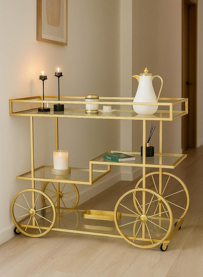LINGWEI Metal Serving Cart Gold with Lockable Wheels for Hotels, Home Utility Tea Trolley Pre-Assembled Cart with Glass Shelves - Image 3