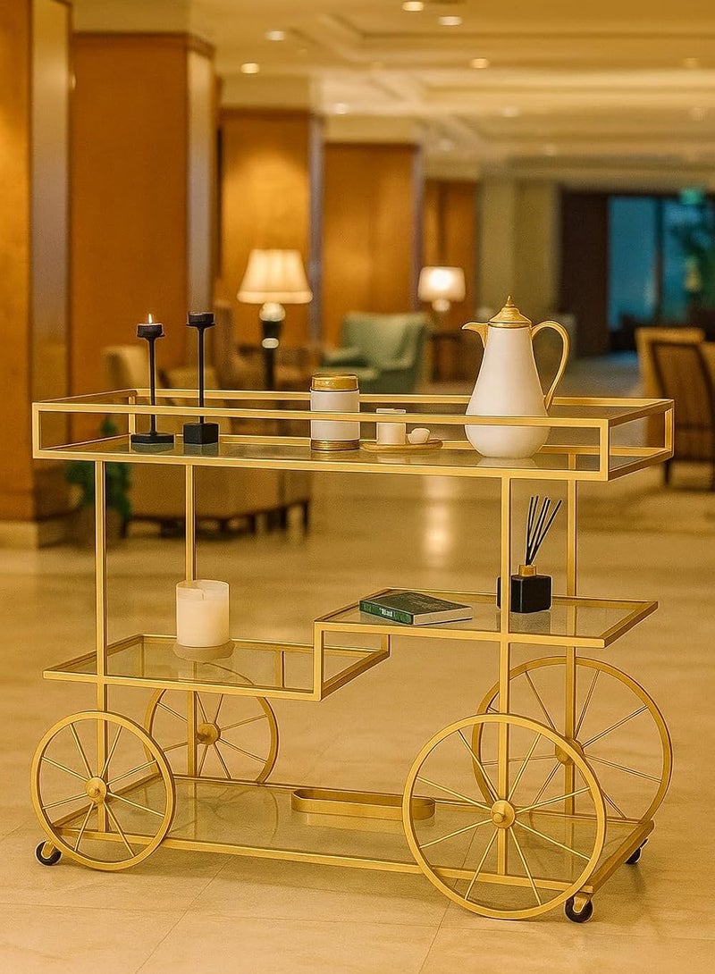 LINGWEI Metal Serving Cart Gold with Lockable Wheels for Hotels, Home Utility Tea Trolley Pre-Assembled Cart with Glass Shelves - Image 5