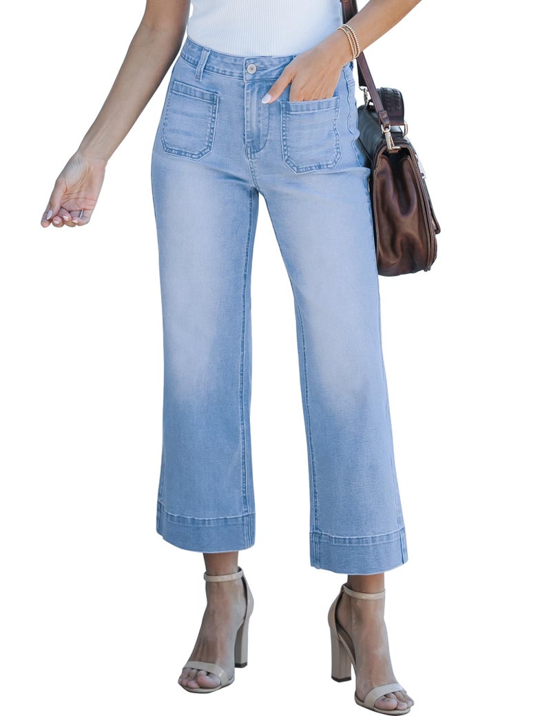 luvamia Wide Leg Jeans for Women Trendy High Waisted Flare Jeans Cropped Denim Pants Stretchy Baggy with Patch Pockets Trouser Jeans for Women Blue Jeans for Women Teacher Pants Size 4 Size 6 - Image 1