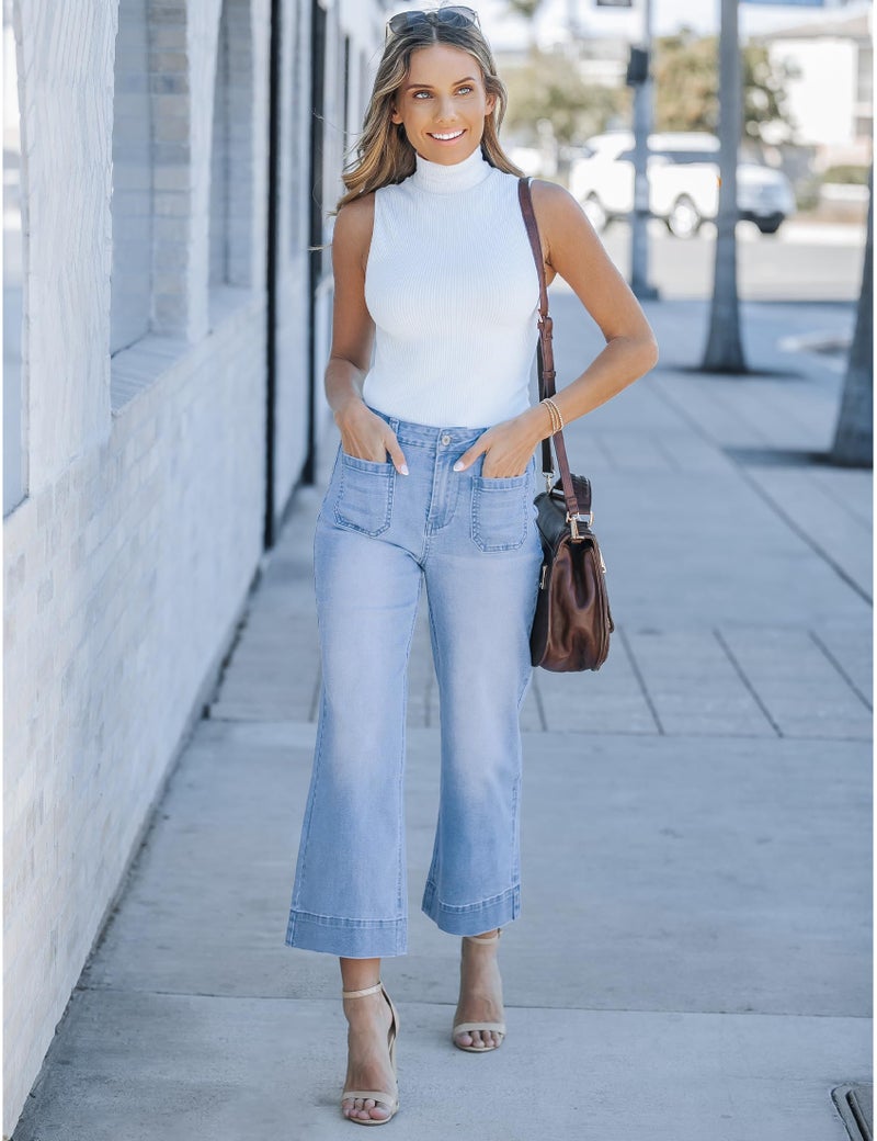 luvamia Wide Leg Jeans for Women Trendy High Waisted Flare Jeans Cropped Denim Pants Stretchy Baggy with Patch Pockets Trouser Jeans for Women Blue Jeans for Women Teacher Pants Size 4 Size 6 - Image 5