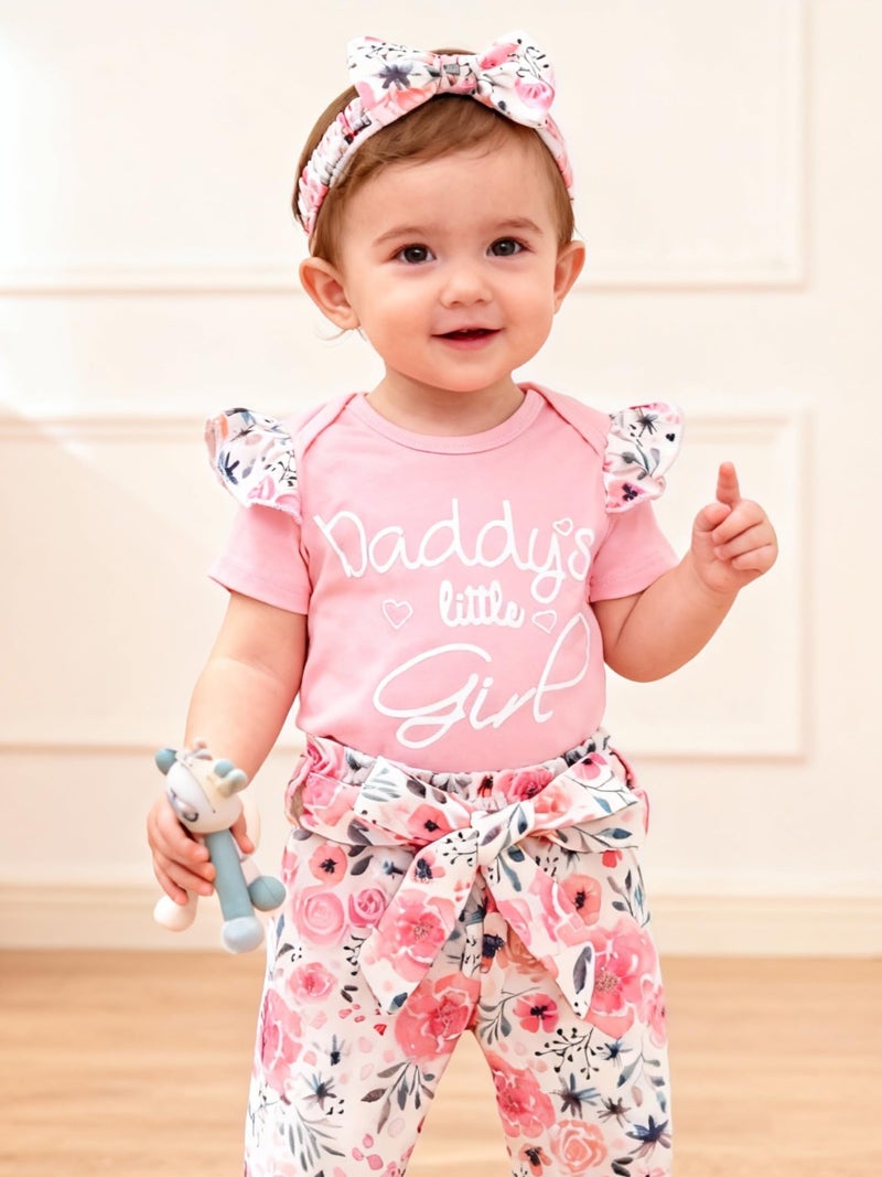 AMAWMW Baby Girl Summer Outfit Daddy's Little Girl Ruffle Sleeve Romper Floral Pants With Headband 3Pcs Clothes Set, C-Pink, 3-6 Months - Image 2