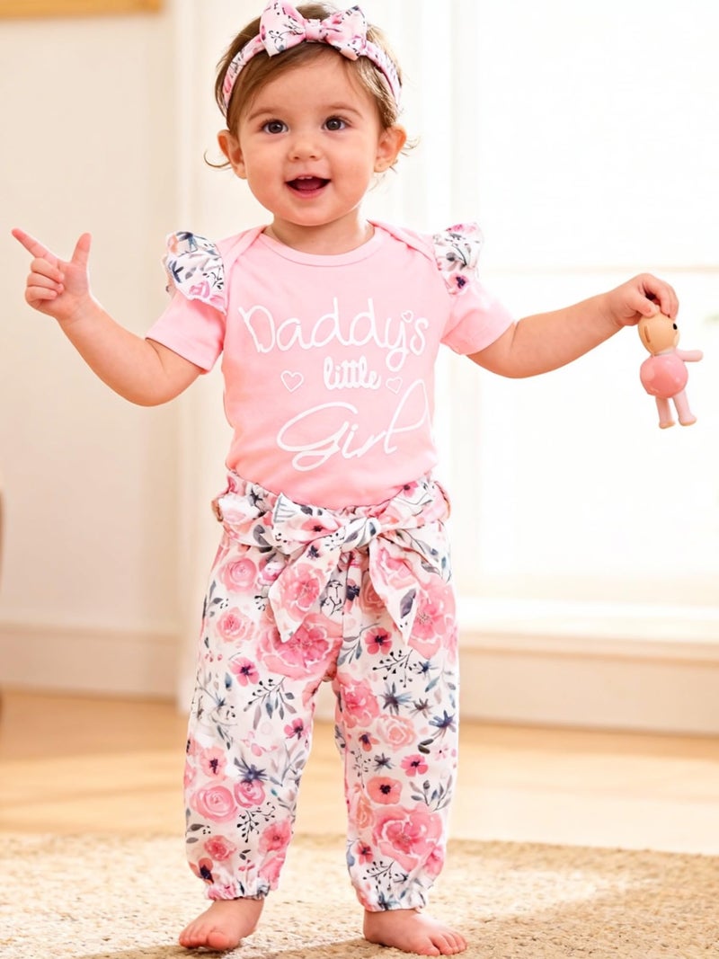 AMAWMW Baby Girl Summer Outfit Daddy's Little Girl Ruffle Sleeve Romper Floral Pants With Headband 3Pcs Clothes Set, C-Pink, 3-6 Months - Image 3