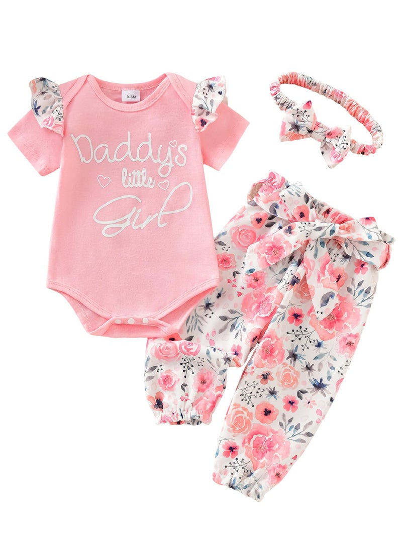 AMAWMW Baby Girl Summer Outfit Daddy's Little Girl Ruffle Sleeve Romper Floral Pants With Headband 3Pcs Clothes Set, C-Pink, 3-6 Months - Image 1