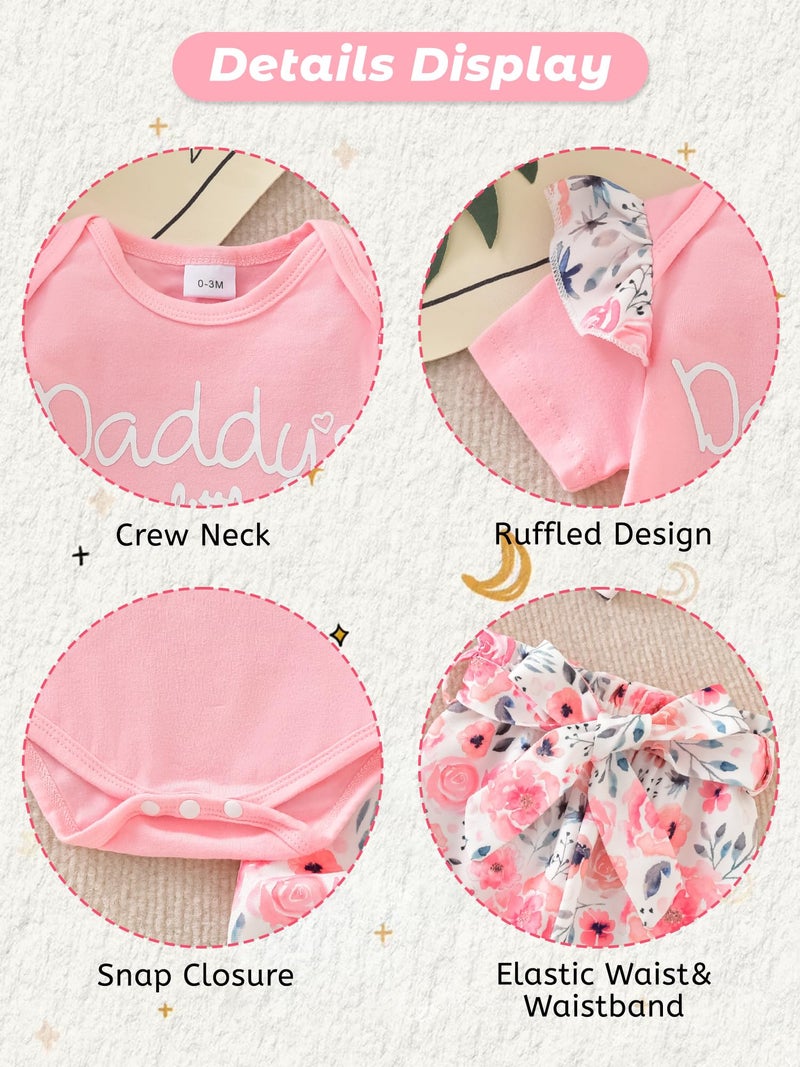 AMAWMW Baby Girl Summer Outfit Daddy's Little Girl Ruffle Sleeve Romper Floral Pants With Headband 3Pcs Clothes Set, C-Pink, 3-6 Months - Image 4