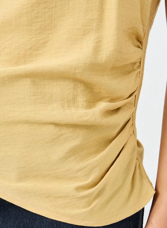 Styli Styli Textured Linen Look Blouse with Side Ruched Detail
