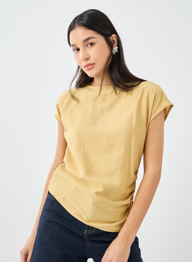 Styli Textured Linen Look Blouse with Side Ruched Detail - Image 1