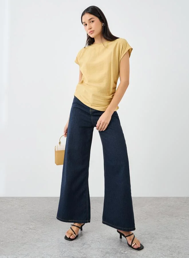 Styli Textured Linen Look Blouse with Side Ruched Detail
