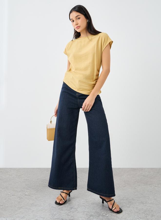 Styli Textured Linen Look Blouse with Side Ruched Detail - Image 2