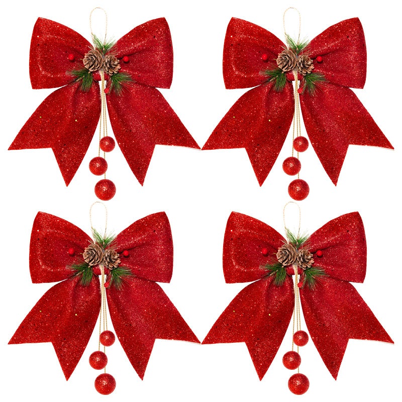 Waline 4pcs Christmas Red Wreaths Bows  98 x 118in Glitter Sequin Bows Ties for Xmas Decoration