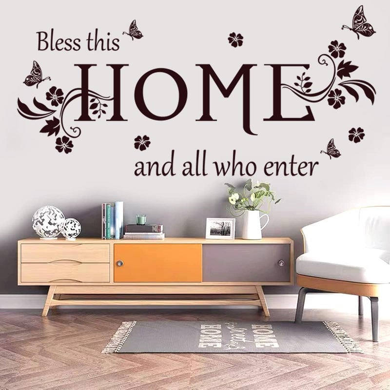 Wall Decals Wall Decor Sticker Quote Bless This Home and All who Enter Removable Mural Wall Stickers for Living Room Dining Room Bedroom Entryway Family Home Decoration Brown