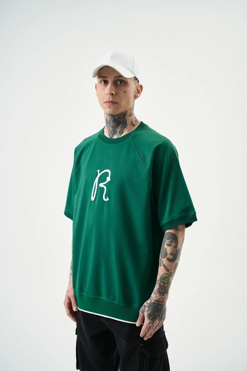 ريسباير تيشيرت رجالي مطرز مقاس كبير لون زيتوني