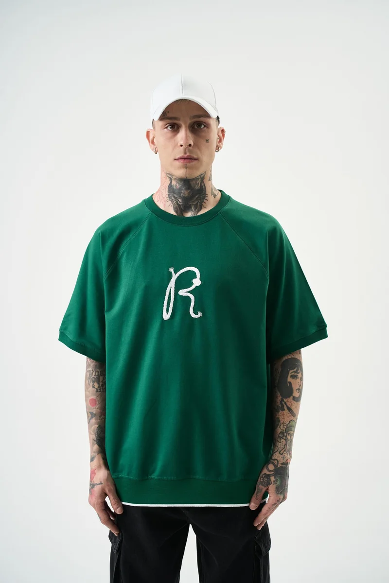 ريسباير تيشيرت رجالي مطرز مقاس كبير لون زيتوني