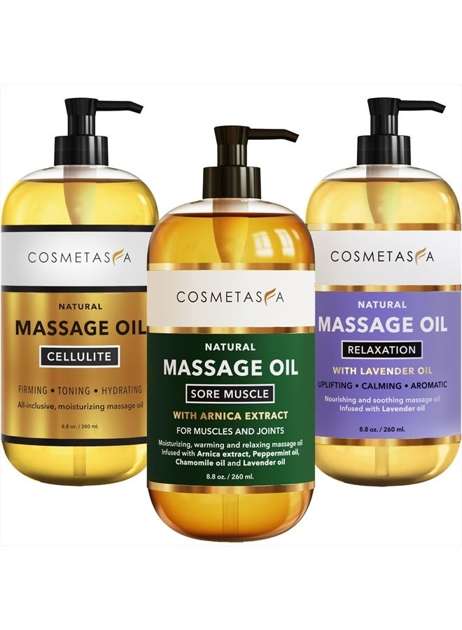 Cosmetasa Massage Oil Set - Arnica & Peppermint Sore Muscle Relief, Cellulite & Lavender Body Massage Oils - Gua Sha Therapy - Image 1