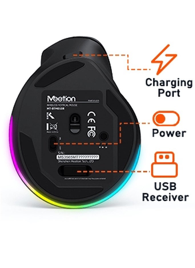 Meetion - Meetion Left-Handed Ergonomic Wireless Mouse BTM010L Ergonomic design for comfortable use RGB illumination for a dark atmosphere Rechargeable battery for continuous use (Black) - Image 1