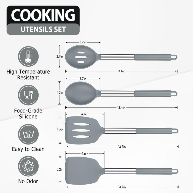 DaiRen Kitchen Pack of 4 Large Silicone Cooking Spatulas and Spoons, Slotted and Solid Stainless Steel Cooking Utensils Set, Non-stick Heat Resistant Kitchen for Baking, Fried, Stir-Fry, Mixing, Serving (Grey) - Image 2
