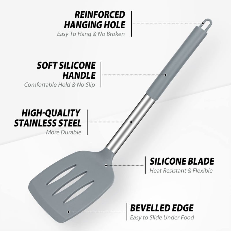 DaiRen Kitchen Pack of 4 Large Silicone Cooking Spatulas and Spoons, Slotted and Solid Stainless Steel Cooking Utensils Set, Non-stick Heat Resistant Kitchen for Baking, Fried, Stir-Fry, Mixing, Serving (Grey) - Image 3