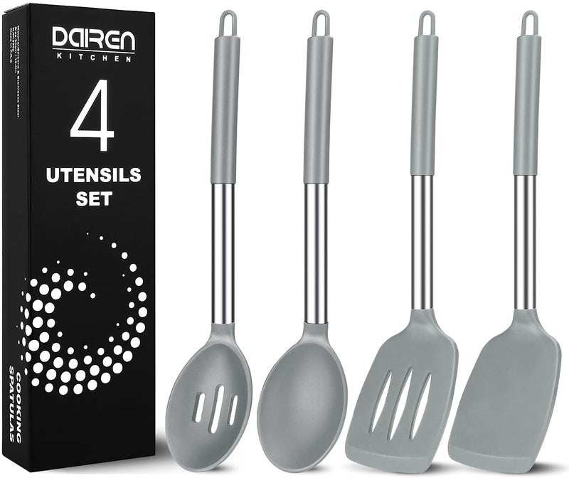 DaiRen Kitchen Pack of 4 Large Silicone Cooking Spatulas and Spoons, Slotted and Solid Stainless Steel Cooking Utensils Set, Non-stick Heat Resistant Kitchen for Baking, Fried, Stir-Fry, Mixing, Serving (Grey) - Image 1