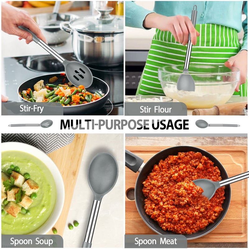 DaiRen Kitchen Pack of 4 Large Silicone Cooking Spatulas and Spoons, Slotted and Solid Stainless Steel Cooking Utensils Set, Non-stick Heat Resistant Kitchen for Baking, Fried, Stir-Fry, Mixing, Serving (Grey) - Image 5