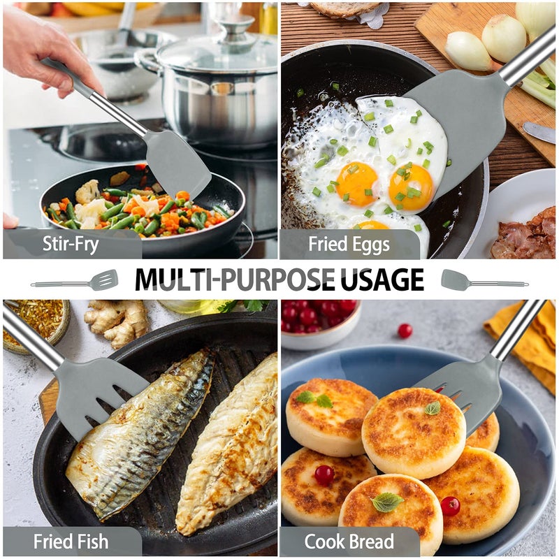 DaiRen Kitchen Pack of 4 Large Silicone Cooking Spatulas and Spoons, Slotted and Solid Stainless Steel Cooking Utensils Set, Non-stick Heat Resistant Kitchen for Baking, Fried, Stir-Fry, Mixing, Serving (Grey) - Image 4