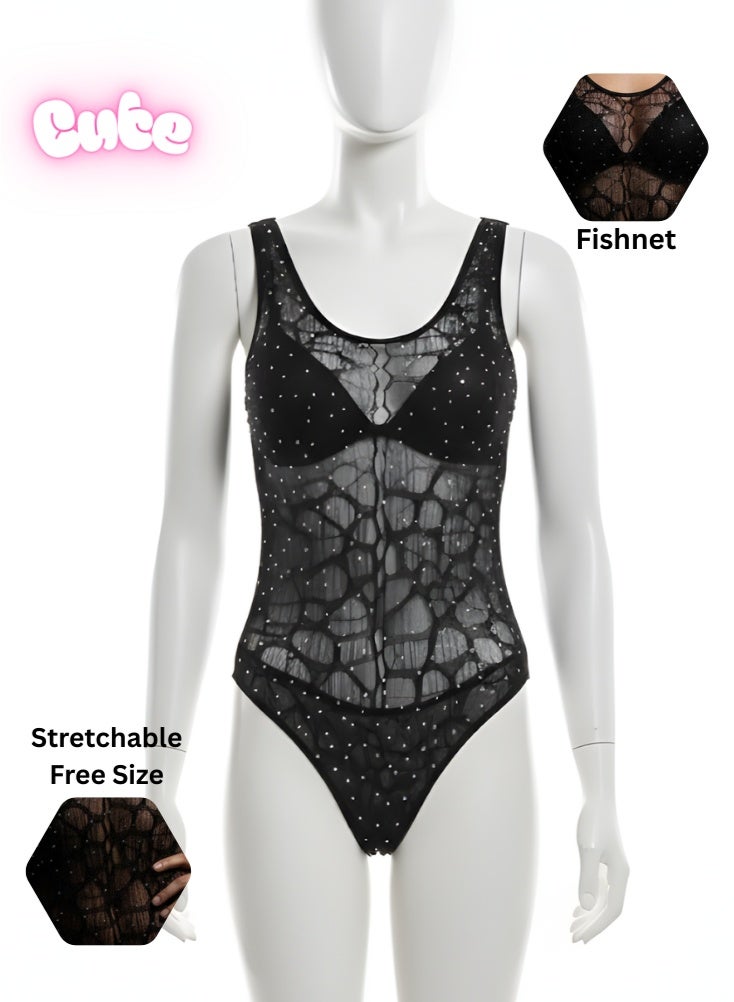 Cute Black Fishnet Bodysuit Lingerie – Stretchable Free Size Net Design, Figure-Hugging Sexy Innerwear - Image 1