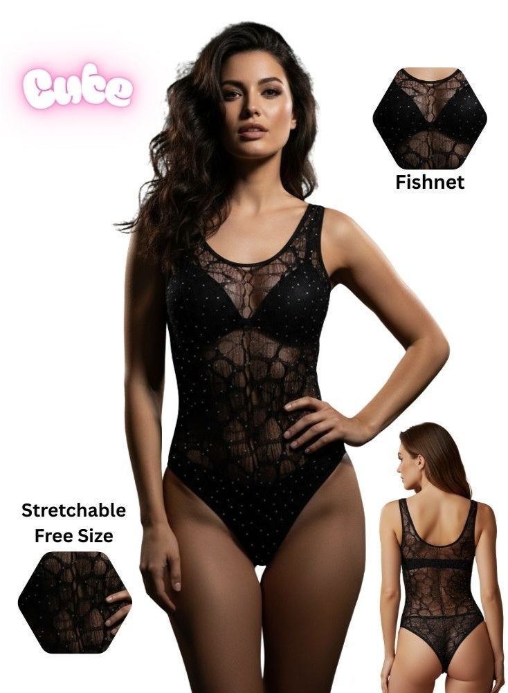 Cute Black Fishnet Bodysuit Lingerie – Stretchable Free Size Net Design, Figure-Hugging Sexy Innerwear - Image 1
