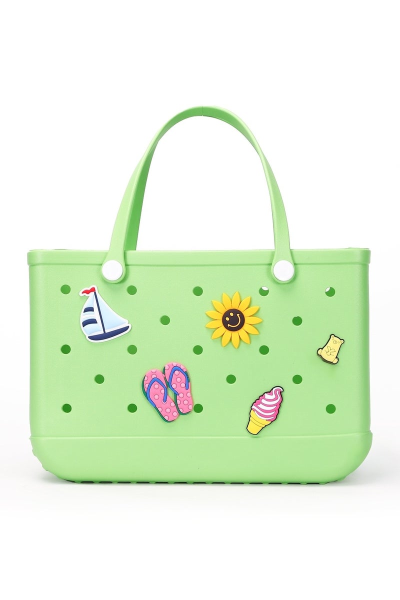 EVA Rubber Beach Tote Bag with 5 Summer Charms | Waterproof, Durable & Easy-to-Clean | Spacious Summer Beach Bag for Women & Family | (Green - Large) - Image 1