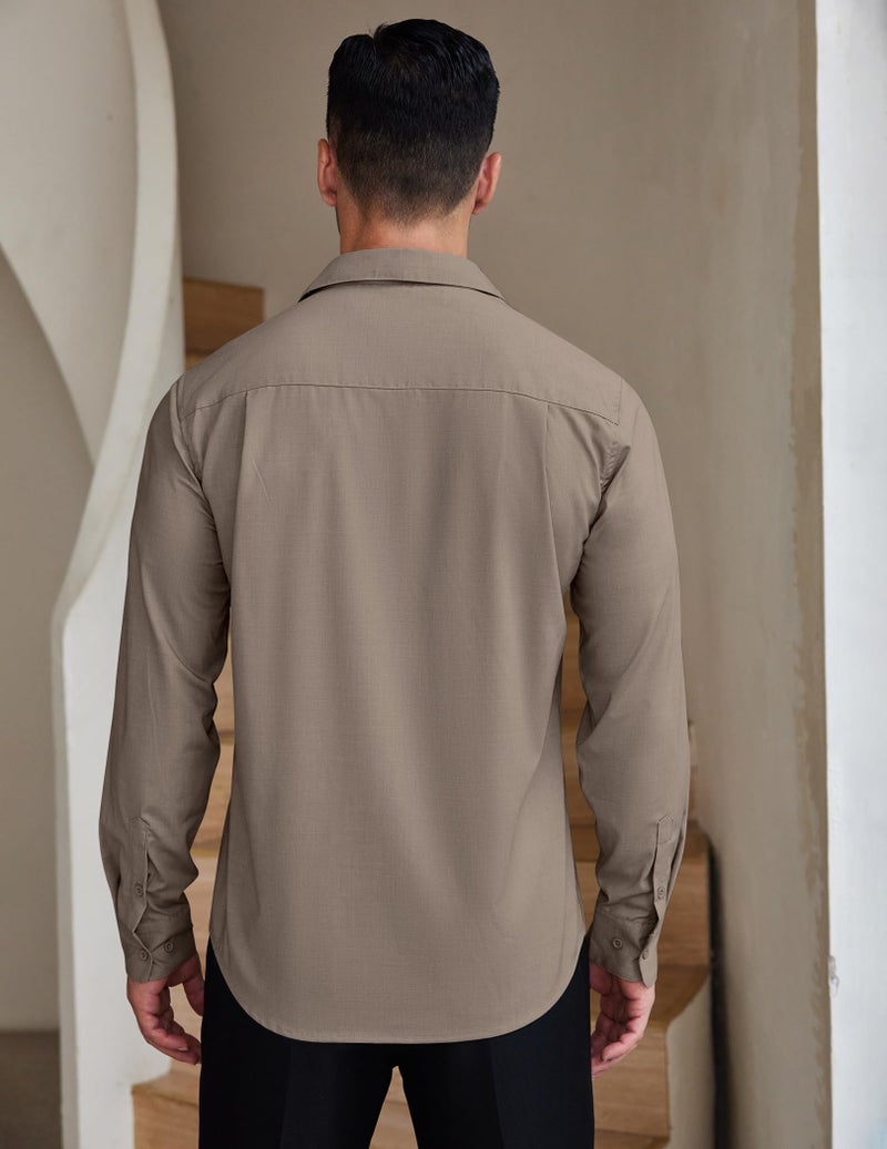 COOFANDY Men Formal Long Sleeve Shirt Tailored Fit Spread Collar Dress Shirt Business Shirt Khaki - Image 4