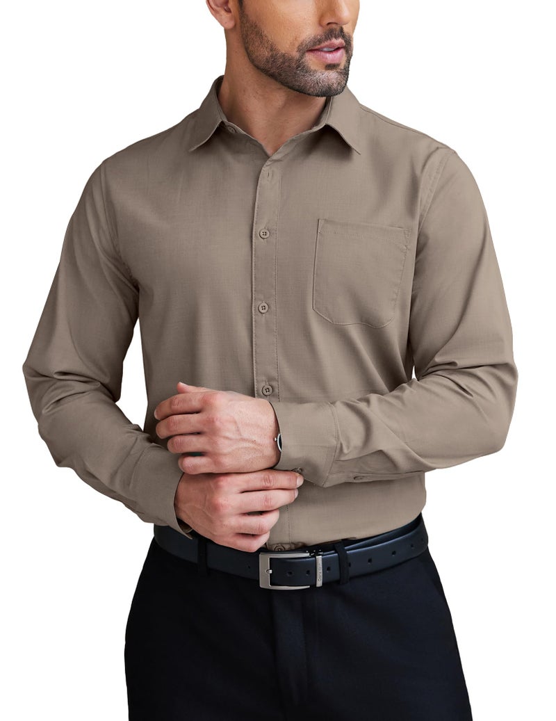 COOFANDY Men Formal Long Sleeve Shirt Tailored Fit Spread Collar Dress Shirt Business Shirt Khaki - Image 1